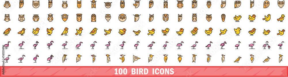 Poster 100 bird icons set. color line set of bird vector icons thin line color flat on white