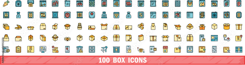 Poster 100 box icons set. color line set of box vector icons thin line color flat on white