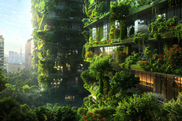 Eco-friendly building with lush greenery in sustainable urban area. Modern city architecture - obrazy, fototapety, plakaty