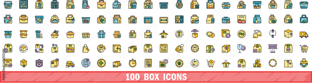 Poster 100 box icons set. color line set of box vector icons thin line color flat on white