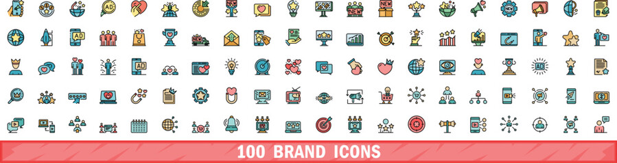 100 brand icons set. Color line set of brand vector icons thin line color flat on white