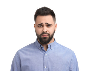 Portrait of sad man on white background