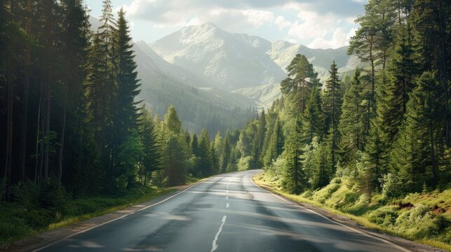 Asphalt road with mountains and trees beside the road landscape. Generated AI image