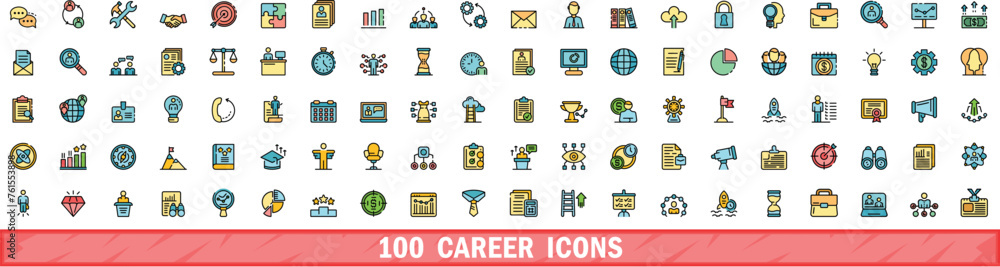 Wall mural 100 career icons set. color line set of career vector icons thin line color flat on white - Wall murals