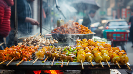 Street vendor grilling assorted skewers over open flame at an outdoor market. Vibrant street food scene with smoke and colorful ingredients - obrazy, fototapety, plakaty