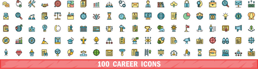100 career icons set. Color line set of career vector icons thin line color flat on white - obrazy, fototapety, plakaty