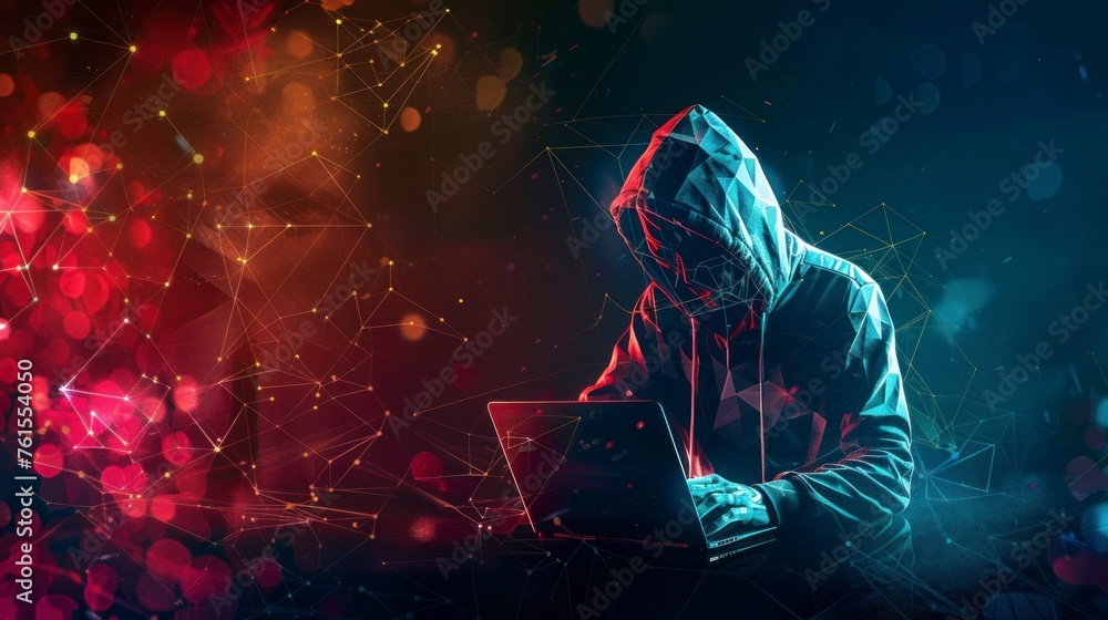 Wall mural hooded man on a laptop. hacker concept, computer, pirate, cyber security, hacking, hacker, network, banks - Wall murals