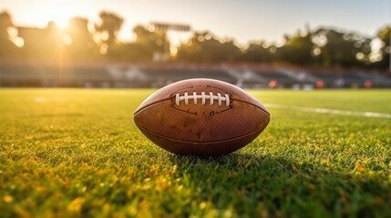 An American football ball lies on the green turf of a football field at sunset. Team ball game, sport, rugby, football stadium
