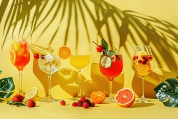 Summer cocktails in different glasses with berries and fruits, tropical palm leaves on a bright yellow background. Alcoholic and non-alcoholic drinks. Summer sunny background