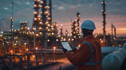 Industrial tech master overseeing with a white safety helmet in front of an oil refinery. Petrochemical gas industry zone. Oil storage tanks and pipelines. Worker in the refinery. ai generative