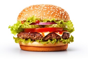 Hamburger isolated on clean white background. Fresh tasty hamburger with cutlet, cheese, lettuce,...
