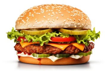 Hamburger isolated on clean white background. Fresh tasty hamburger with cutlet, cheese, lettuce, tomato, cucumber on white