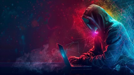 hooded man on a laptop. hacker concept, computer, pirate, cyber security, hacking