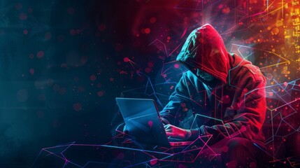 hooded man on a laptop. hacker concept, computer, pirate, cyber security, hacking, hacker, network, banks, money, person in high resolution and quality