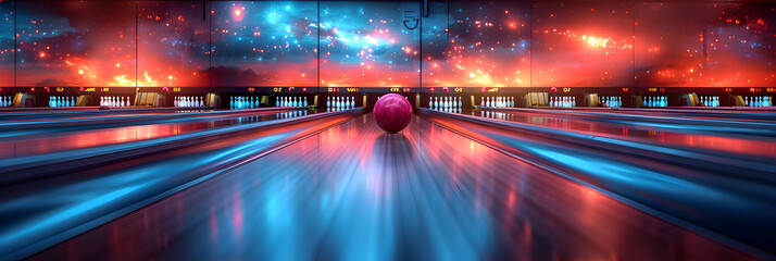 Fototapeta na wymiar Vibrant Neon Lights of a Bowling Alley Creating Atmosphere, Arafed bowling ball on a bowling alley with motion blurry
