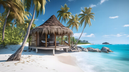 Beautiful wooden hut on beach with turquoise water and palm trees. Summer holiday concept.	