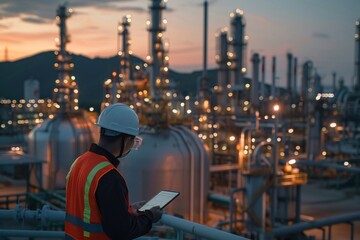 Fototapeta na wymiar Industrial tech master overseeing with a white safety helmet in front of an oil refinery. Petrochemical gas industry zone. Oil storage tanks and pipelines. Worker in the refinery. ai generative