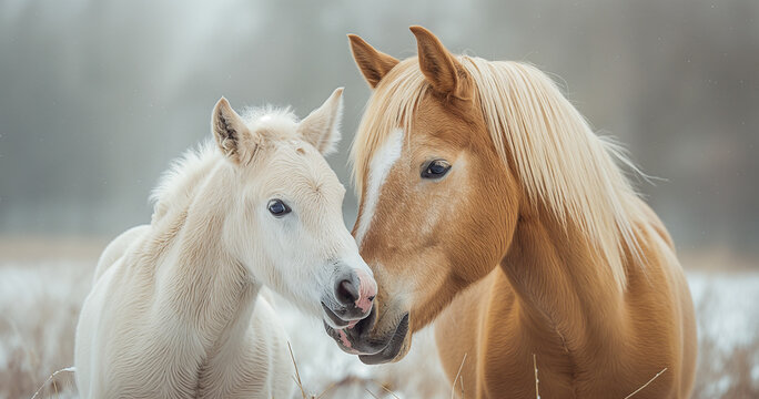 Equine Family Bonds Document heartwarming moments between horse families, from mares and foals to stallions and their offspring, against a minimalist white canvas Image generated by AI