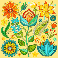 Floral pattern with flowers and leaves. Hand drawn vector illustration.