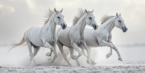 Obraz na płótnie Canvas Horse in Motion Freeze-frame the dynamic movement of horses in motion, capturing their strength and grace against a neutral white backdrop Image generated by AI