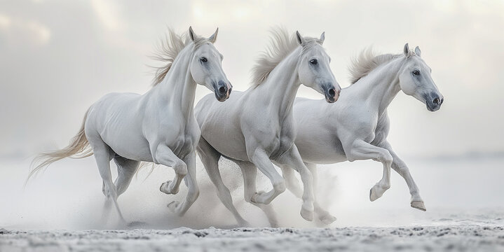 Horse in Motion Freeze-frame the dynamic movement of horses in motion, capturing their strength and grace against a neutral white backdrop Image generated by AI