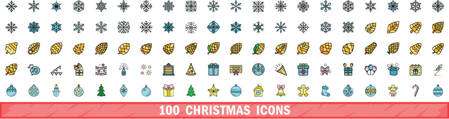 100 christmas icons set. Color line set of christmas vector icons thin line color flat on white