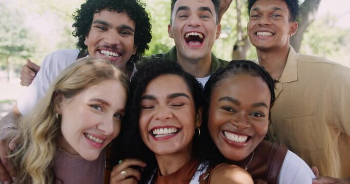 Students, group and selfie with peace sign, face and happy together at university with silly fun at park. Gen z friends, photography and memory with diversity and smile, bonding for social network