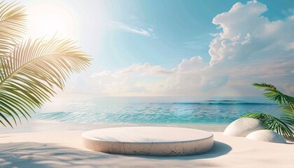 beach podium concept, Summer sand and tropical sea background with abstract stone podium, empty podium stages for new product presentation, ai generative - obrazy, fototapety, plakaty