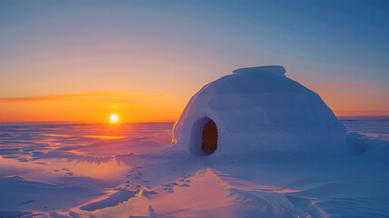 An Arctic Odyssey: The Sun Sets on an Igloo Amidst the Snow-covered Arctic Landscape