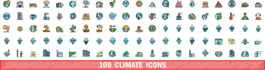 100 climate icons set. Color line set of climate vector icons thin line color flat on white