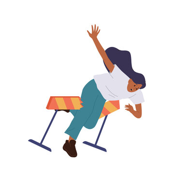 Young woman cartoon character stumbling and breaking barrier obstacle during competition race