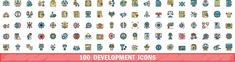 100 development icons set. Color line set of development vector icons thin line color flat on white