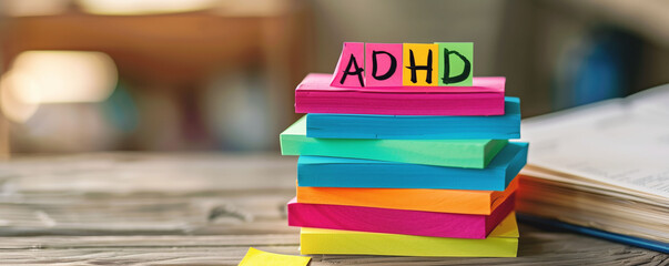 Vibrant stack of multicolored sticky notes, the top one featuring the acronym 'ADHD'