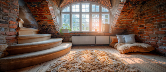 living room with a carpet, wall in red bricks
