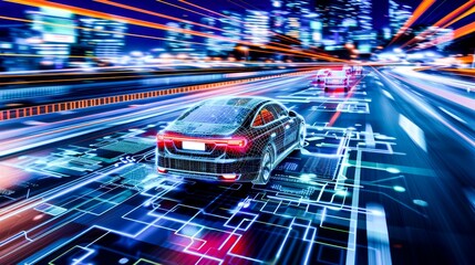 AI Guardrails Futuristic generic concept sport car speeding city highway, Blue light data Autonomous Self Driving Vehicle, Business IOT concept, Wireless communication connecting of smart city,Robot