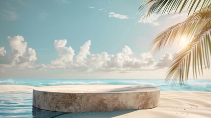 beach podium concept, Summer sand and tropical sea background with abstract stone podium, empty podium stages for new product presentation, ai generative - obrazy, fototapety, plakaty