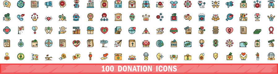 100 donation icons set. Color line set of donation vector icons thin line color flat on white