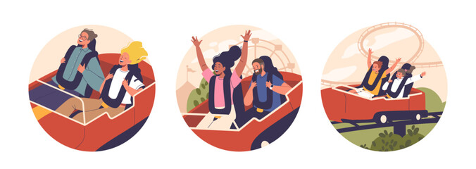 Isolated Vector Round Icons Avatars With Cartoon Characters On Roller Coaster Rides. People With Wide Eyes, Raised Arms