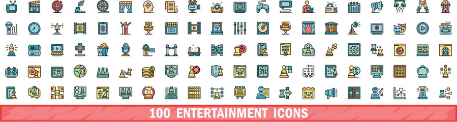 100 entertainment icons set. Color line set of entertainment vector icons thin line color flat on white