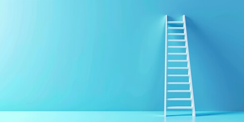 Single white ladder leaning against pastel blue wall minimal career, opportunity or goal concept