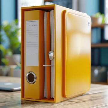 a yellow binder with a key