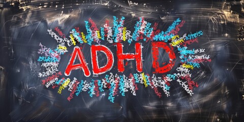 ADHD bursts with a spectrum of colors against the dark, smeared background of a classic chalkboard