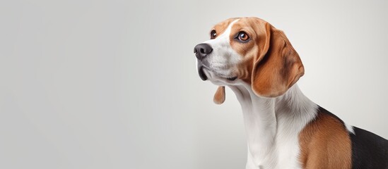 The brown and white beagle dog, a member of the hound group, is sitting on a white background and gazing attentively upward. Known for being a companion dog and excellent working animal - obrazy, fototapety, plakaty