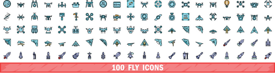100 fly icons set. Color line set of fly vector icons thin line color flat on white