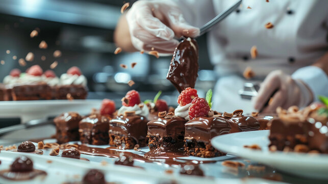 close up of a slice of cake, A close-up of a skilled sushi chef meticulously crafting a plate of intricate sushi rolls photograph