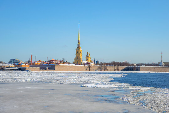 Spring ice drift at the walls of the Peter and Paul Fortress. Saint Petersburg