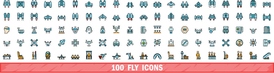 100 fly icons set. Color line set of fly vector icons thin line color flat on white - obrazy, fototapety, plakaty