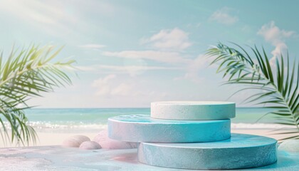 Fototapeta na wymiar beach podium concept, Summer sand and tropical sea background with abstract stone podium, empty podium stages for new product presentation, ai generative