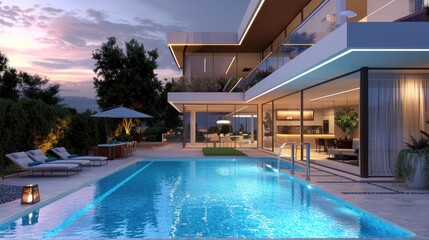 Modern swimming pool on villa with beautiful neon LED lights concept. Generated AI image