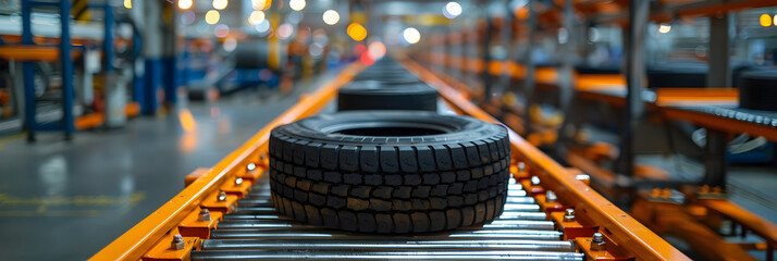 Tires for Heavy Vehicles Stand on the Conveyor ,
Rubber inventory Close up of bulk car tires in store, tire shop backdrop Vertical  - obrazy, fototapety, plakaty